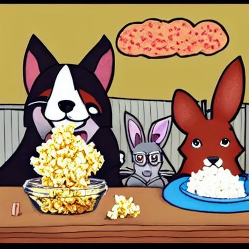 Image similar to a dog and a fox and a rabbit eating popcorn and watching a movie