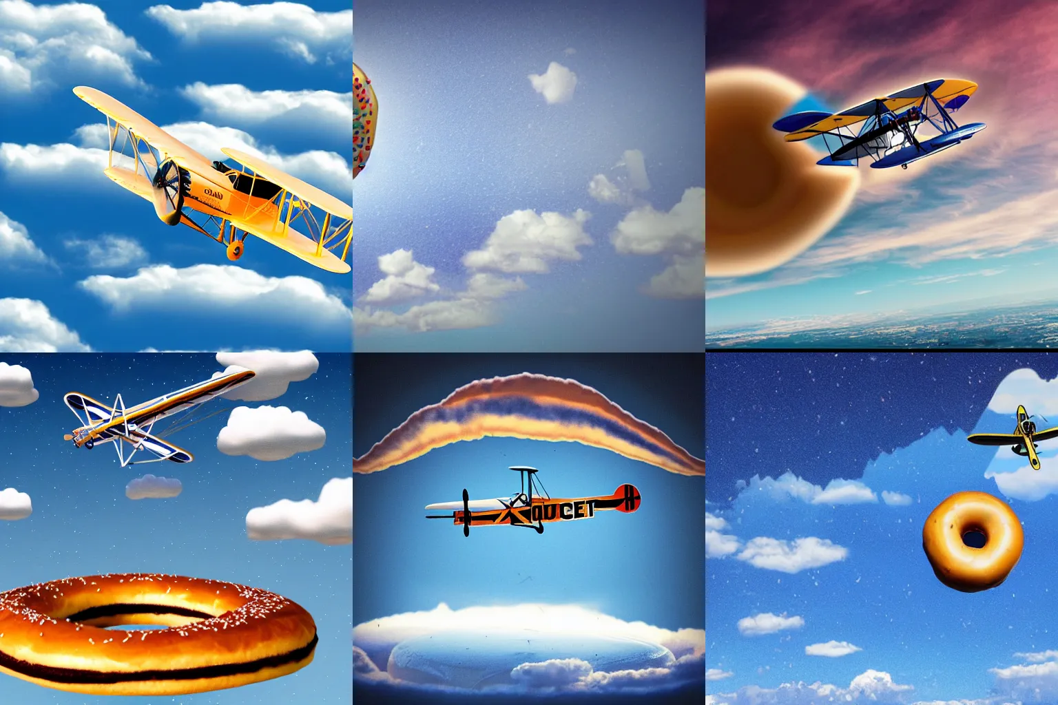 Prompt: photoshop image of biplane flying through giant donuts in the sky surreal