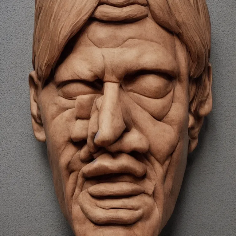 Image similar to enormous geometric minimalist accurate sculpture of norman reedus sticking out his tongue, beautiful symmetrical!! face accurate face detailed face realistic proportions, hand - carved out of mahogany wood on a pedestal by stephan balkenhol and ron mueck and martin puryear, cinematic lighting shocking detail 8 k