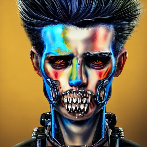 Prompt: hyper detailed fine art portrait of a humanoid cyborg punk with ful color hair, he wears a spiked leather jacket and his attitude is one of rebellious rage and anarchy, he also has a beer in his hand and is ready destroy the sistem and the distopic city