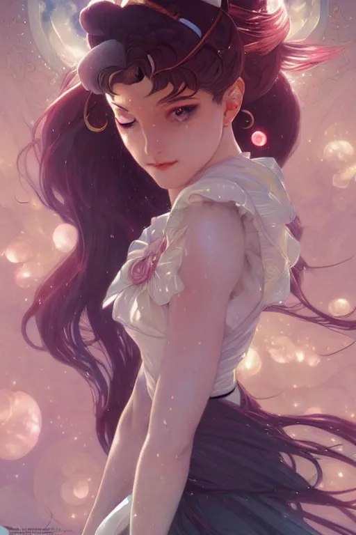 Image similar to Sailor Moon, fantasy, intricate, elegant, highly detailed, digital painting, artstation, concept art, matte, sharp focus, illustration, art by Artgerm and Greg Rutkowski and Alphonse Mucha