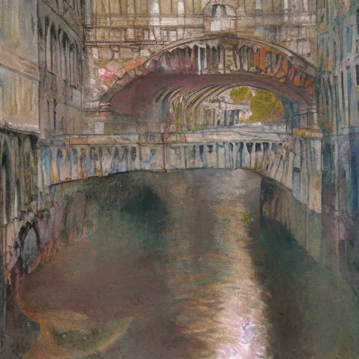 Prompt: the bridge of sighs in the style of vrubel, watercolor, pastel colors, chiaroscuro, bleached colors