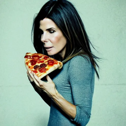 Image similar to sandra bullock eating pizza concept art, ultra realistic, digital art, rich deep colors, smooth shadows, high resolution, cinematic