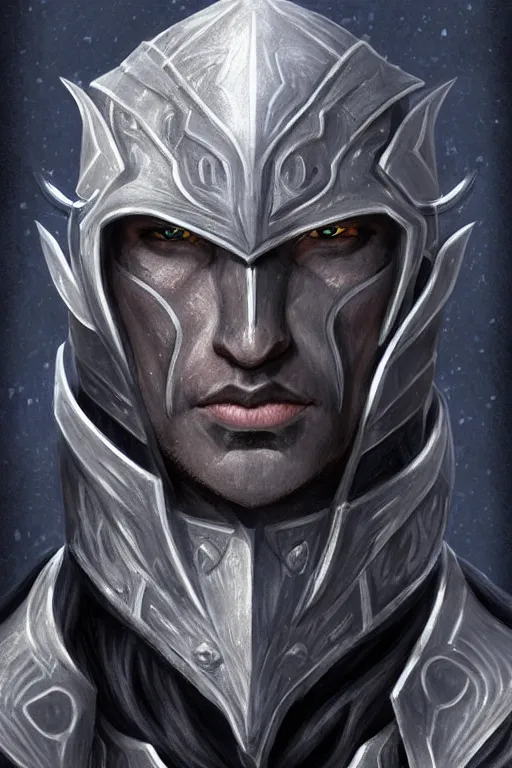 Image similar to head and shoulders portrait of an eldrich knight, drow, dark elf, shadar kai, armored, magical, male, high fantasy, d & d, by alexandre chaudret, face details, extremely detailed, digital illustration