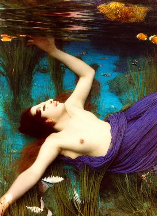 Image similar to lady laying under the sea on the seabed amongst the weeds, underwater shot, submerged, medium shot, on the bed of the river preraphaelite colour photography by john william waterhouse, 8 k