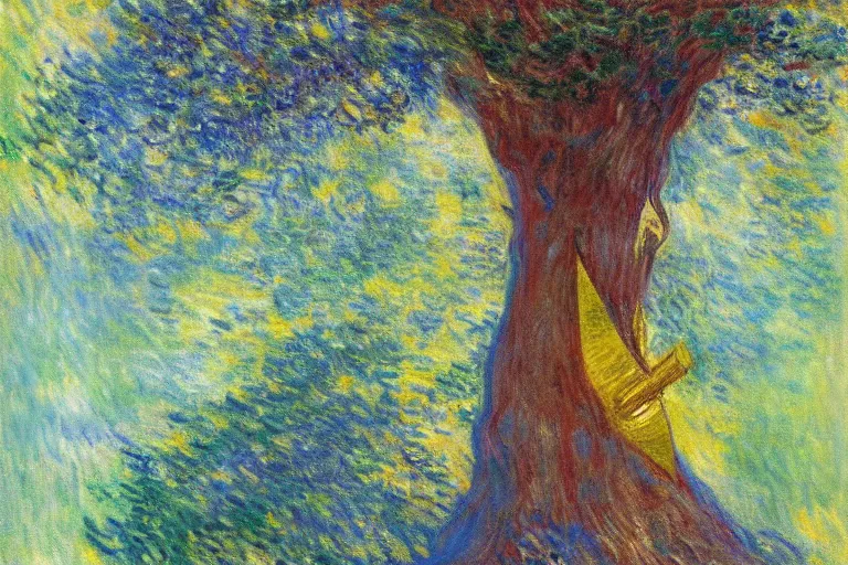Prompt: a golden sword stuck in a huge tree trunk, by monet