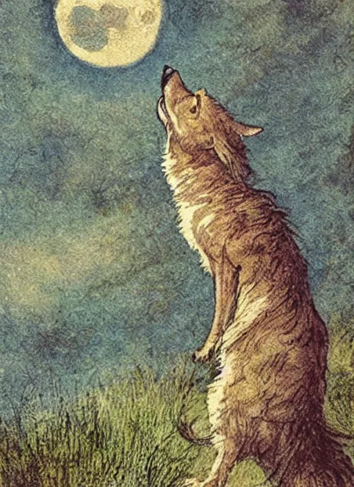 Image similar to howling at the moon, illustrated by peggy fortnum and beatrix potter and sir john tenniel