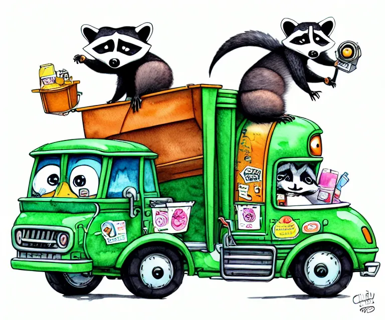 Image similar to cute and funny, racoon riding in a garbage truck, ratfink style by ed roth, centered award winning watercolor pen illustration, isometric illustration by chihiro iwasaki, edited by range murata, tiny details by artgerm and watercolor girl, symmetrically isometrically centered, sharply focused