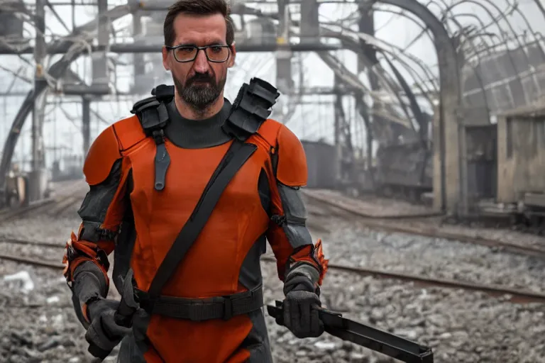 Image similar to vfx movie closeup real life gordon freeman holding wearing futuristic armor, half life logo on chest, crowbar in russian train yard by emmanuel lubezki