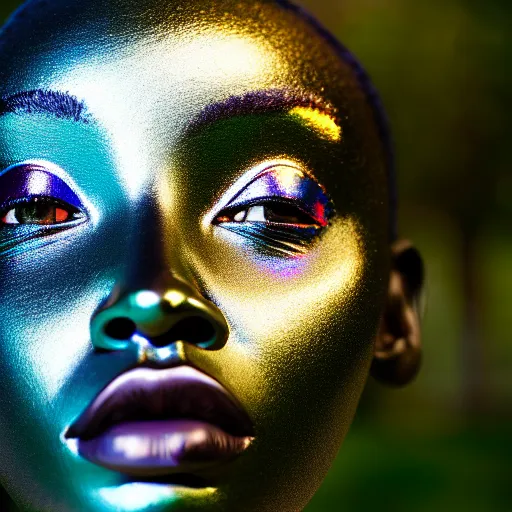 Image similar to portrait of iridescent metallic face, african woman, reflections, smooth, proud looking away, outdoor, blue sky, nature, 8 k, realistic, depth of field, highly detailed, award winning photography,