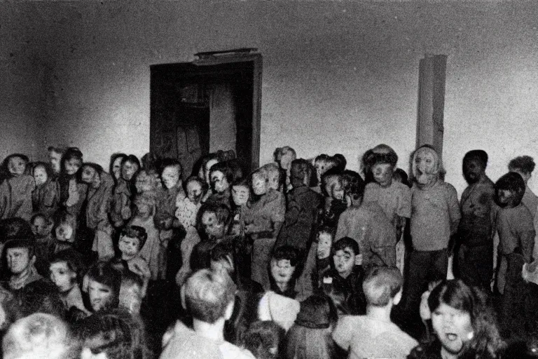 Image similar to photo of a room of people staring at a live demon, the vibe is eerie, the image is low quality and in color, it was found on the deep web.