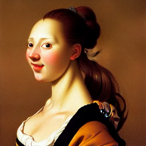 Image similar to Facial portrait of a cute shy woman, looking away from the camera, seductive smile, sparkle in eyes, lips slightly parted, long flowing hair, no hands visible, intricate, extremely detailed painting by Jan Steen and by Greg Rutkowski and by Moebius, golden hour