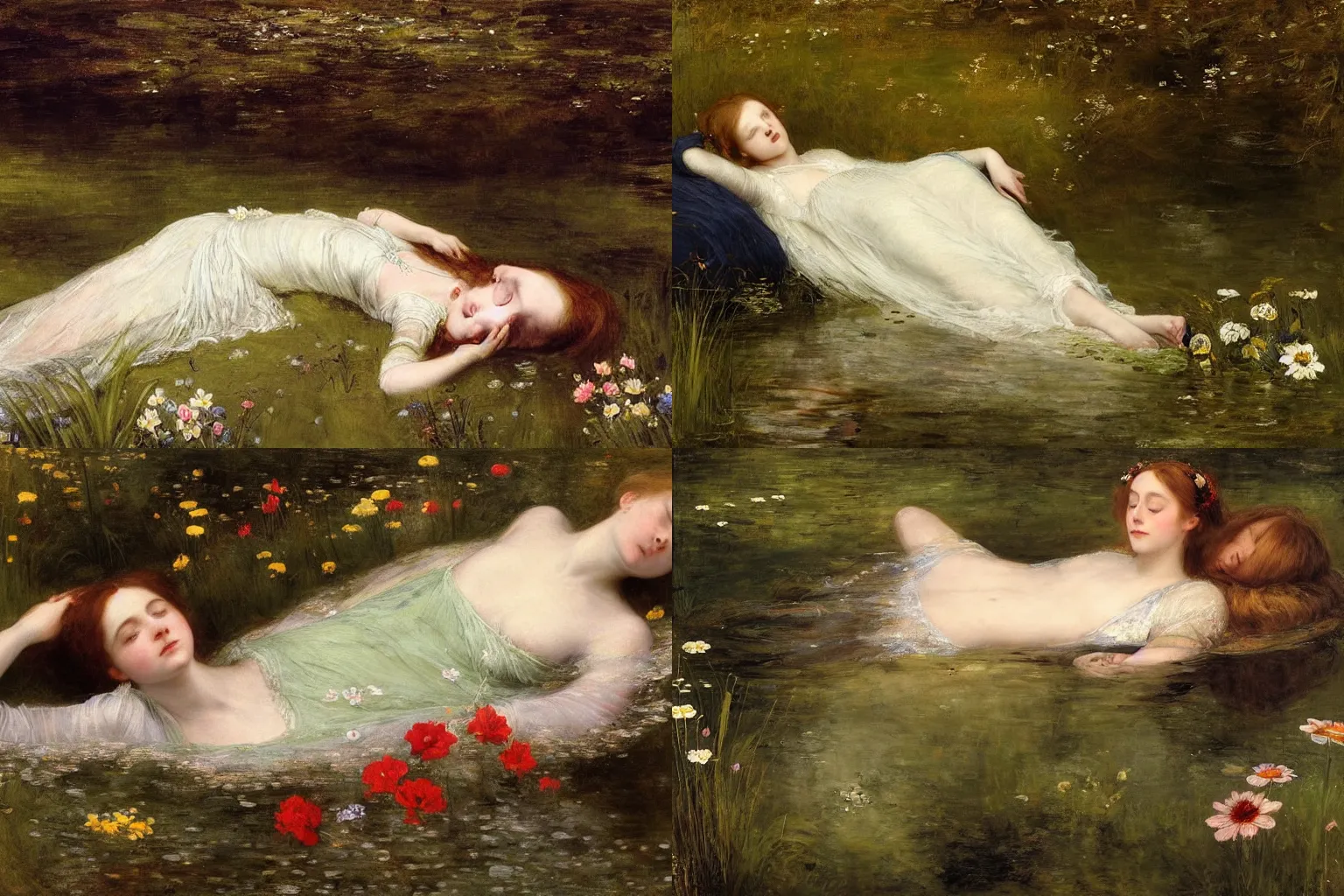 Prompt: a beautiful portrait of a young ophelia, floating drowned, lying immersed in the dark waters of a river, with closed eyes, surrounded by high green grass and many fine flowers, wearing a nicely crafted antique dress, by sir john everett millais, realistic, hyperdetailed, ethereal, sad, masterpiece, oil painting