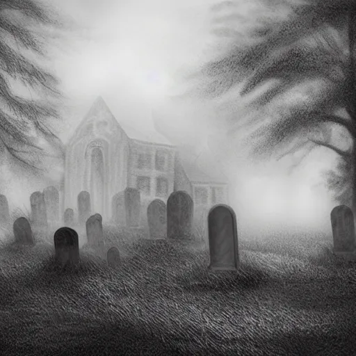 Image similar to an eerie graveyard with ancient tombstones, misty, strands of fog, tomb in background, dark trees arching frame, creepy, night, finely detailed black and white pencil drawing