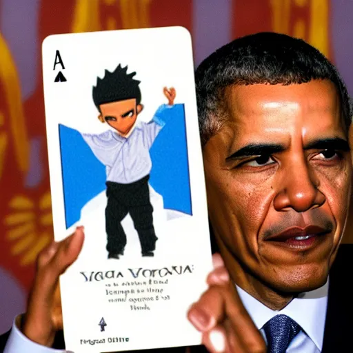 Image similar to close-up photo of Barack Obama holding a Yugioh card depicting Exodia in front of his face