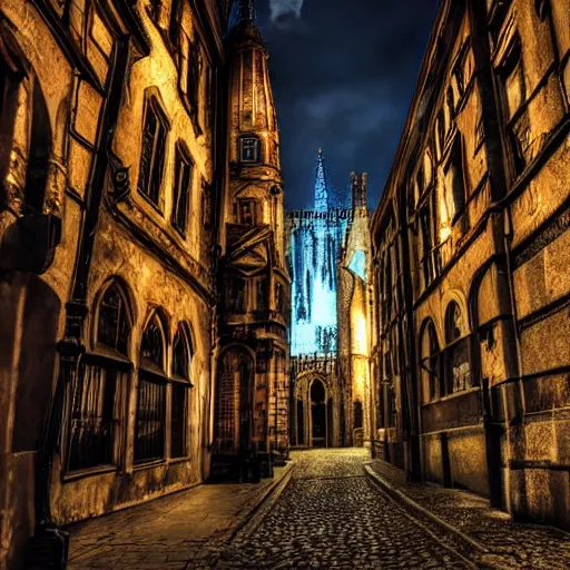 Prompt: low angle street view of a gothic city, high resolution, highly detailed, dark fantasy, gothic architecture, night