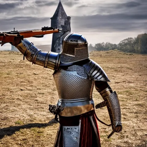 Image similar to a medieval knight in full armor, shooting an ak - 4 7. award winning national geographic photo.