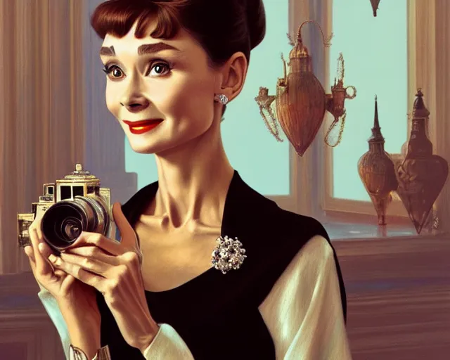 Image similar to photography of audrey hepburn in breakfast at tiffany's, snap shots of the movie, intricate, elegant, highly detailed, digital painting, artstation, concept art, matte, sharp focus, illustration, art by artgerm and greg rutkowski and alphonse mucha