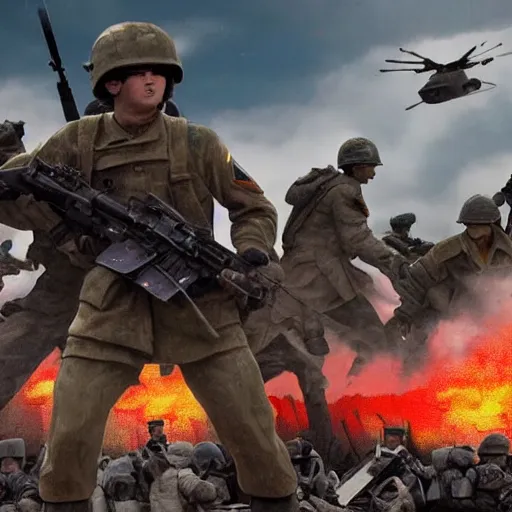 Prompt: The war between the Soviet Union and America, the action takes place in New York, far away against the background of the Statue of Liberty, a lot of soldiers and military equipment, a lot of explosions and tracer bullets, a lot of ruins, a very epic battle, Super quality, HD, super detailed details, The style of films of the 2000s, Ultra realistic details