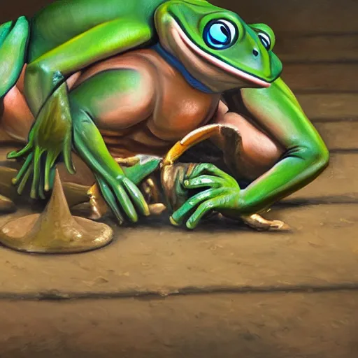 Prompt: a muscular anthro frog character suplexing an anthro toad character in a makeshift wrestling ring, dynamic, oil painting, cartoon, very detailed