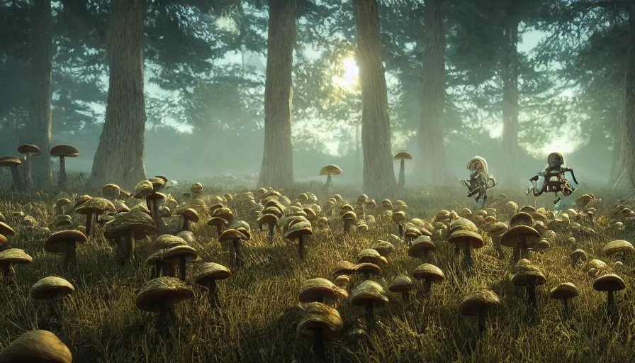 Prompt: hyper realistic highly detailed nature photography of mushroom infested skeleton zombies, prehistoric planet, volumetric lighting, octane render, 4 k resolution, golden hour