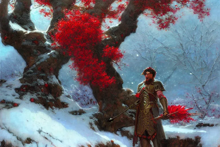 Prompt: winter, a male warrior relaxing under a huge tree with red flowers, ground covered with snow, extreme long shot, fantasy, painting by gaston bussiere, craig mullins, j. c. leyendecker, trending on artstation