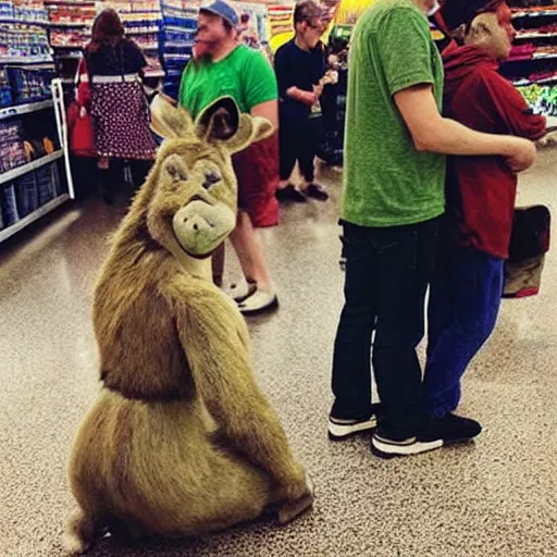 Prompt: “donkey from shrek waiting in line at Walmart”