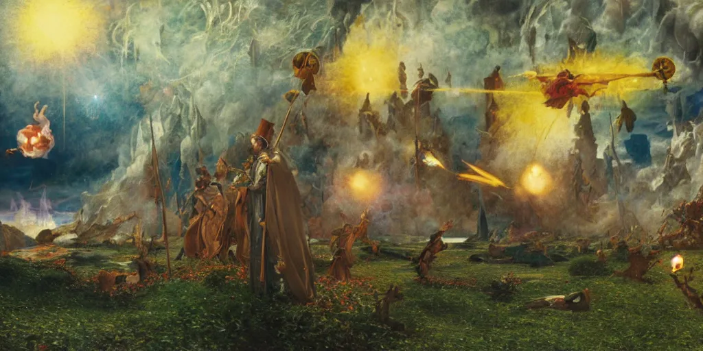 Prompt: magical tarot cards floating in the midst of magical explosions, matte painting, epic scale, 8 k, sharp focus, by caspar friedrich, albert bierstadt, james gurney, brian froud,