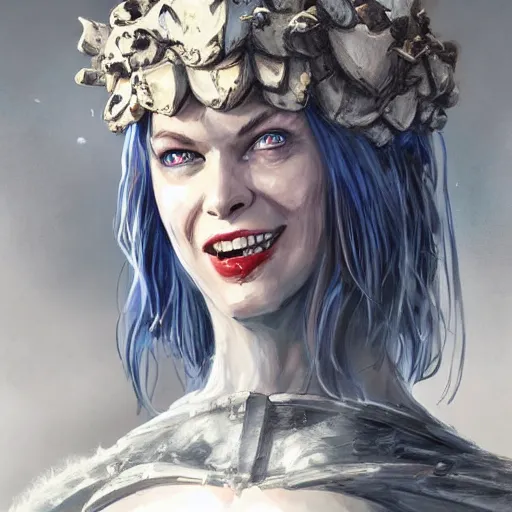 Image similar to mister freeze as an attractive young smiling woman played by milla jovovich wearing a mushroom crown and heavy armoured wedding dress, face portrait, hd shot, digital portrait, elegant, beautiful, fantasy art, artstation, comic style, by artgerm, guy denning, jakub rozalski, magali villeneuve and charlie bowater