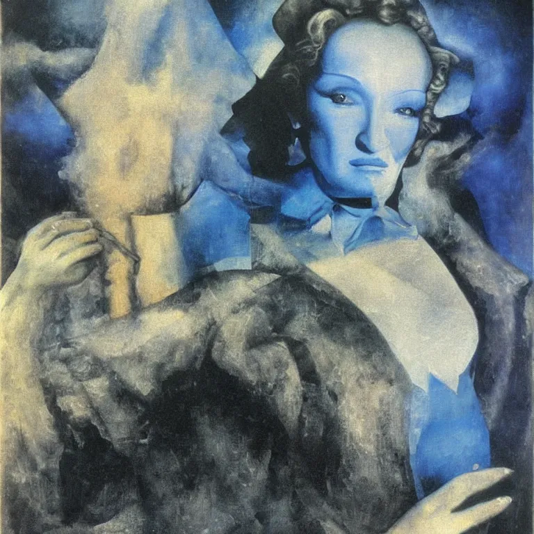 Image similar to A painting of Marlene Dietrich. By l Greco, Remedios Varo, Salvador Dali, Carl Gustav Carus, John Atkinson Grimshaw. Blue tint.