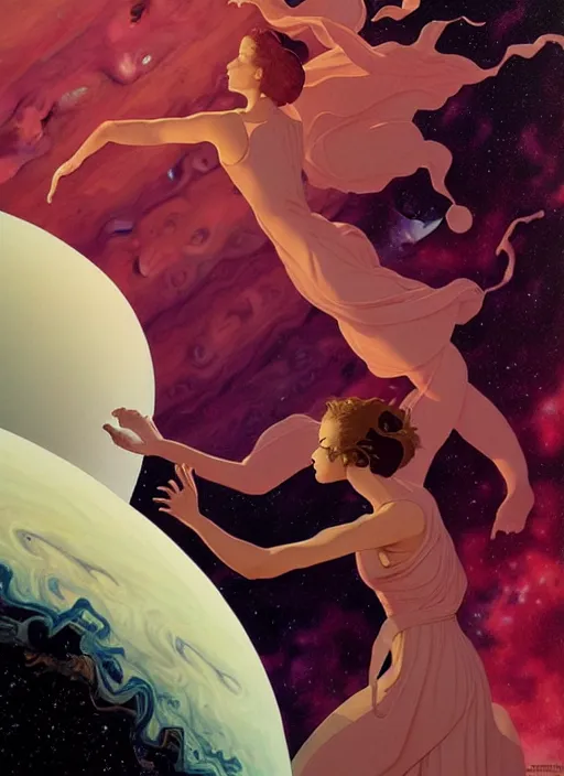 Prompt: poster artwork by michael whelan and tomer hanuka, a portrait of beautiful sensual dancing in the clouds of jupiter, clean