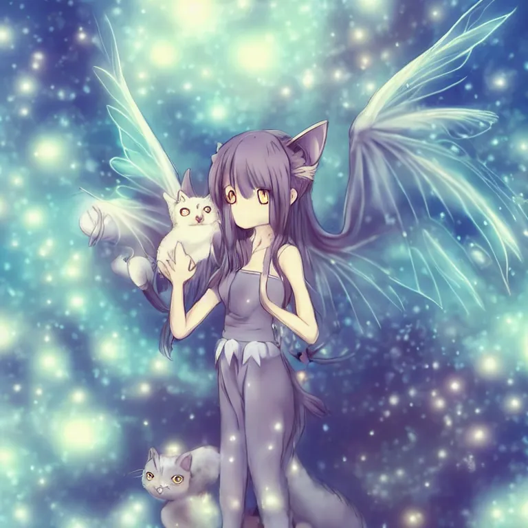 Image similar to cute, full body, female, anime style, a cat girl with fairy wings patting a small dragon, large eyes, beautiful lighting, sharp focus, simple background, creative, heart effects, filters applied, illustration