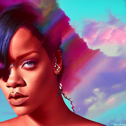 Prompt: rihanna vaporwave, creative photo manipulation, creative photoshop, digital art