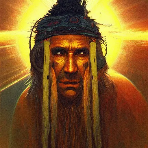 Image similar to ancient shaman staring intently at you, explosive color radiating from his mouth and eyes, by tyler edin and luke brown albert bierstadt moebius james gurney artstation
