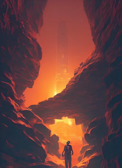 Prompt: photo of a giant humanoid of orange glowing color inside a giant dark rock cavern, next to a giant skyscraper with thousands of floors and bright yellow windows, in the Style of Artgerm and Charlie Bowater and Atey Ghailan and Mike Mignola, vibrant colors and hard shadows and strong rim light, Comic Cover Art, plain background, trending on artstation