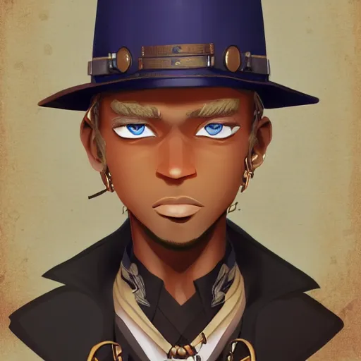 Prompt: african american man with blue eyes, blonde hair, wearing steampunk attire, highly detailed, digital painting, artstation, matte, by makoto shinkai, animation style