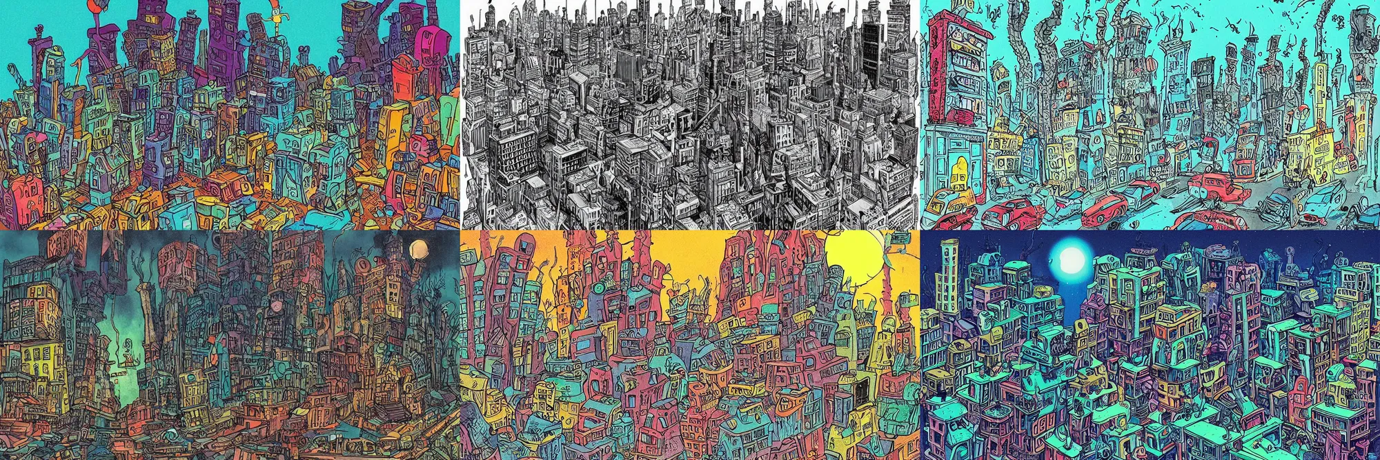 Prompt: “A vivid, detailed illustration of an eerie, abandoned cityscape by Dr. Seuss from his Midnight Collection.”