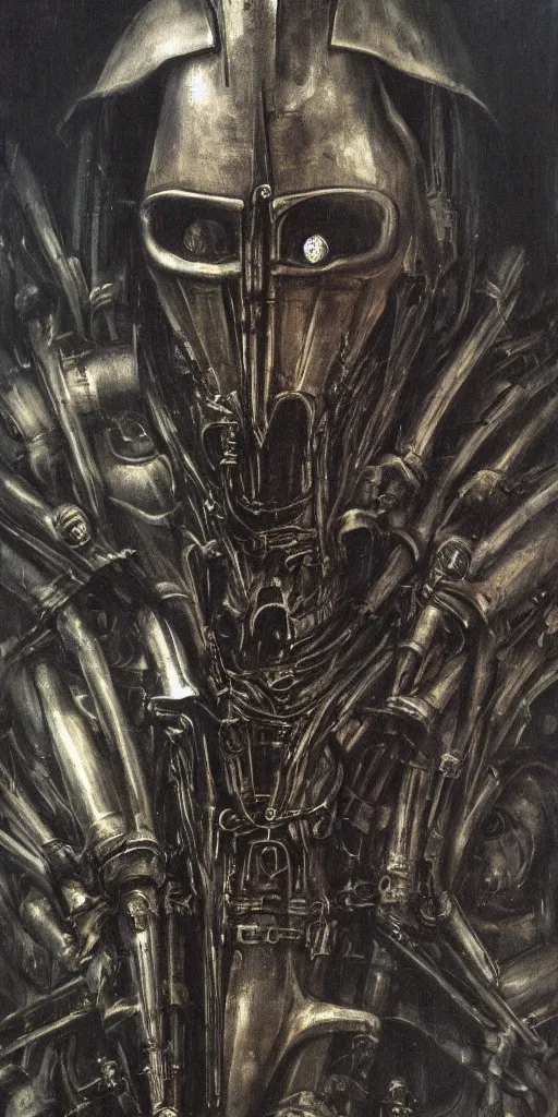 Image similar to a sinister loose brushwork photograph of a dieselpunk knight by h. r giger in the style of renaissance art, 8 k