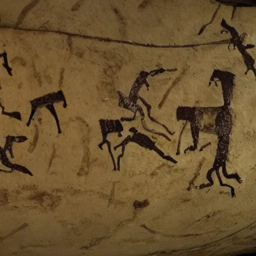 Image similar to a photo of neolithic cave painting of patapons fighting mochichichi, 4 k, history channel, high quality