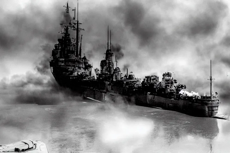 Prompt: dieselpunk battleship rolling onto its side, capsizing, clouds of smoke, bird's eye view, wide shot, 4k high res, 120 black and white film