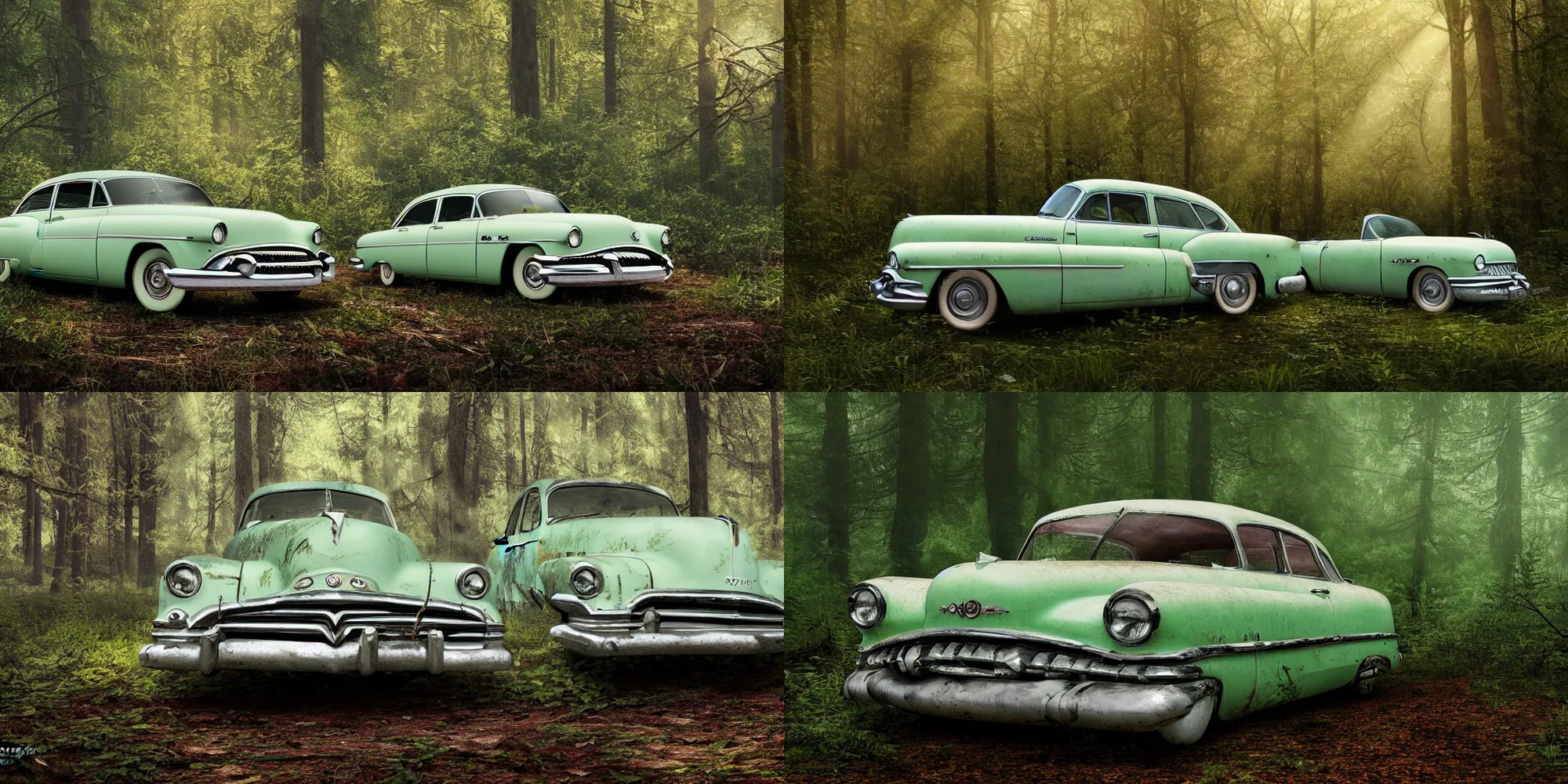 Prompt: Photograph of an abandoned rusty mint green and white 1950's Buick in a forest track, covered with vegetation, soft lighting, crepuscular rays, realistic octane render, 8k, ultra detailed, concept art