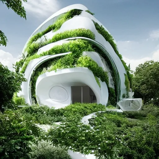 Prompt: white futuristic mage house covered in plants, hanging vines, floating on a cloud, inspired by zaha hadid
