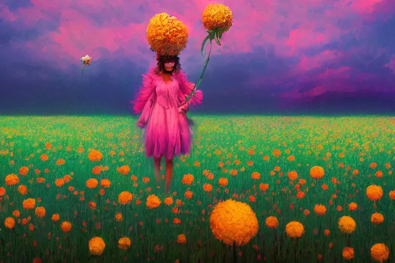 Image similar to closeup, giant flower head, girl in suit floating above field of flowers, surreal photography, sunrise, blue sky, dramatic light, impressionist painting, digital painting, artstation, simon stalenhag