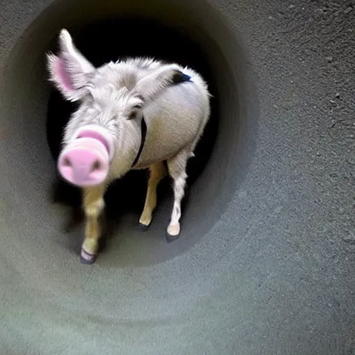 Prompt: donkey pig hybrid real caught on camera in the sewer