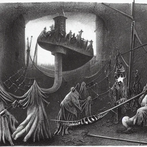 Image similar to plague doctors in the mist with weird rube goldberg machines, minimalist, joel peter witkin, heironymus bosch, gustave dore, beksinski, giger'