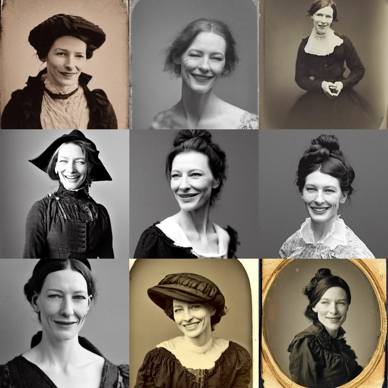 Prompt: mid 1 9 th century, thirtysomethins years old, mischievous!!, smiling cate blanchett with termed kyphosis as an austro - hungarian woman ( with messy bun, brown hair, ( ( ( big!!!, black hat!!! ) ) ) ), daguerreotype by emil rabending