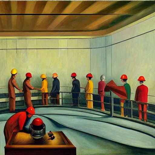 Image similar to hydroelectric dam interior, turbines, workers in hardhats, grant wood, pj crook, edward hopper, oil on canvas