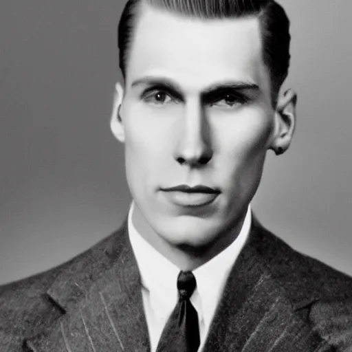 Image similar to A photograph portrait of Jerma985 wearing a suit with short slicked hair in the early 1930s, taken in the early 1930s, grainy, taken on a early 1930s Kodak Camera, realistic, hyperrealistic, very realistic, highly detailed, very detailed, extremely detailed, detailed, digital art, trending on artstation