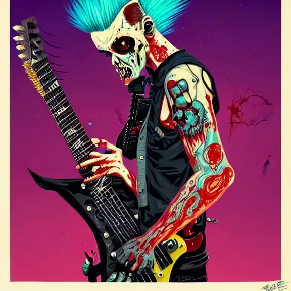 Prompt: a zombie punk rocker with a mohawk playing electric guitar, tristan eaton, victo ngai, artgerm, rhads, ross draws