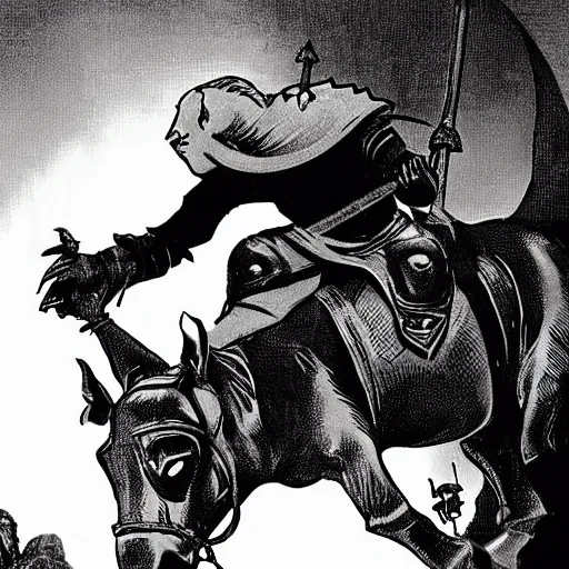 Image similar to A knight riding on top of a tapir. Dark Fantasy, Film Noir, Black and White. High Contrast, Mike Mignola, D&D, OSR